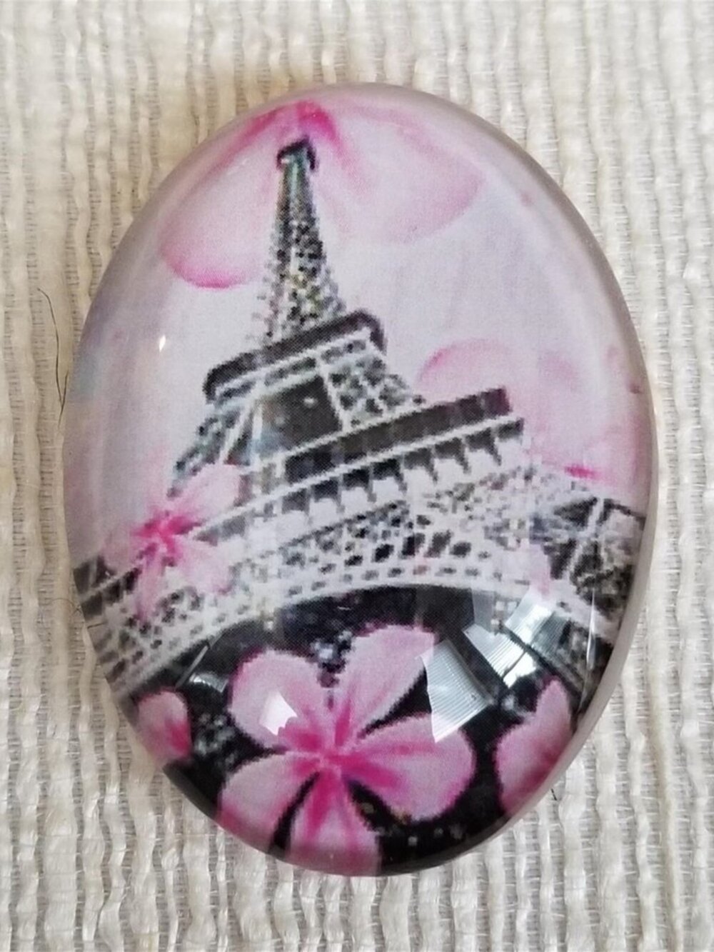 Vintage Style Eiffel Tower Paris Pink Flowers Travel Glass Oval Cabochon 40x30mm